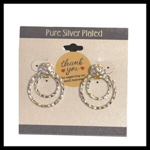 Pure Silver Plated Double Hoop Dangle Earrings Hammered Texture